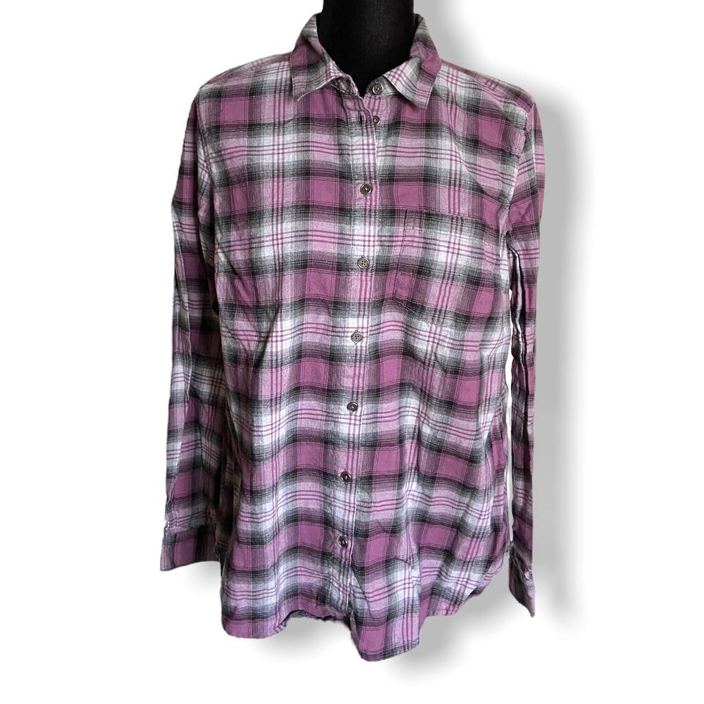 G.H. Bass & Co‎ Womens Shirt Size M Purple Gray Black Plaid Flannel Split Back